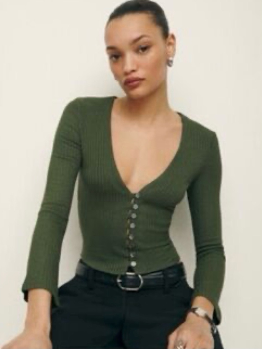 Reformation The Gellar Green Ribbed Button Front Bell Sleeve Crop Top Small